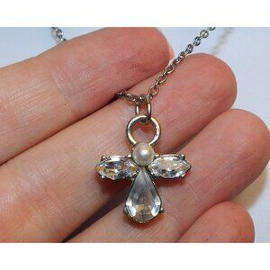 Religious Guardian Angel Necklace Clear Gemmed With Silver Tone Metal